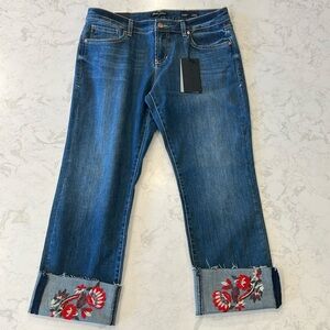 Dear John Penny Blossom Embroidered Playback Cuff Cropped Straight Jeans 29 NWT